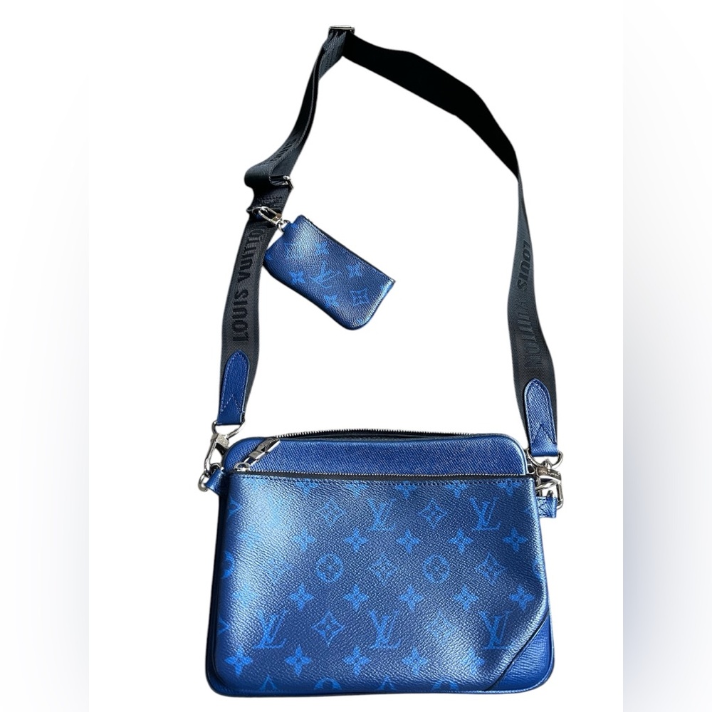 Authentic Louis Vuitton Trio Messenger Bag Monogram Taigarama Cobalt Blue